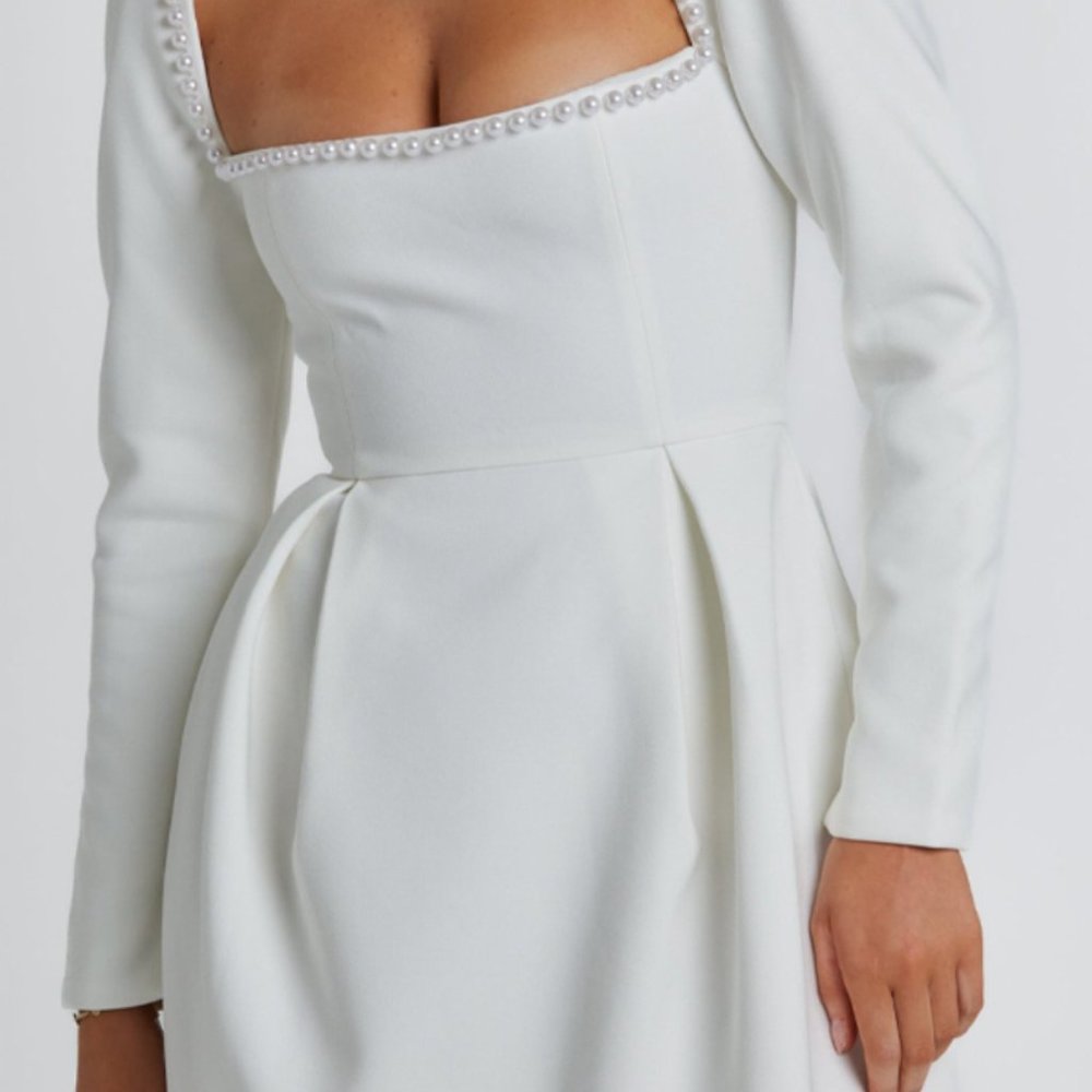 Square Neckline Bead Trim Long Sleeve A-line Mini Dress